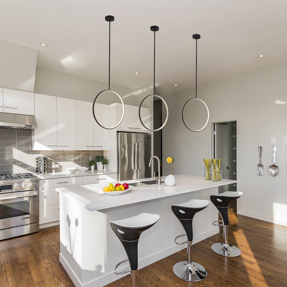 Three Black Circle Ceiling Lamp In Kitchen
