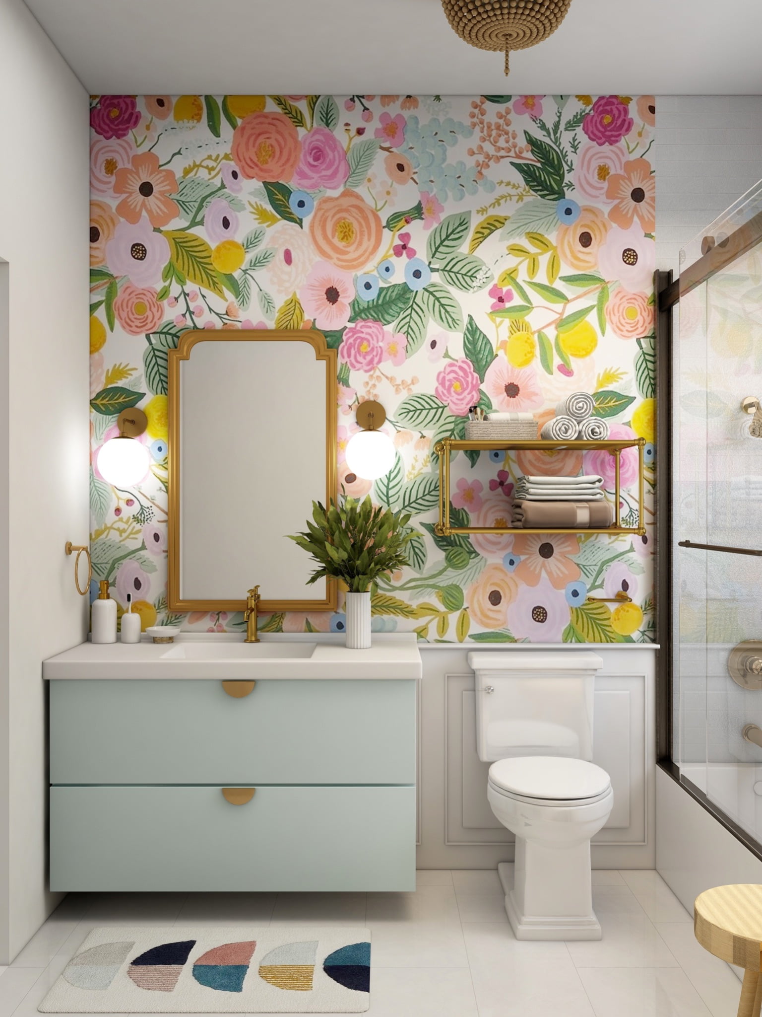 bathroom wit flower pattern wallpaper